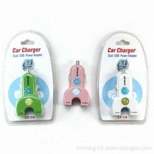 Mini U-shaped USB Car Charger with Four Connectors, 500pcs MOQ Each Color